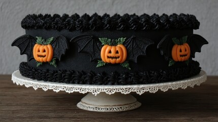 Spooky Halloween Cake with Black Frosting and Pumpkin Decor