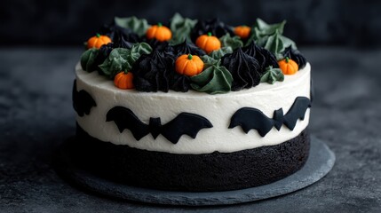 Halloween Theme Cake with Black and Orange Decorations and Bats