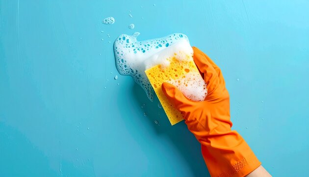 Close-up view of a hand in a protective orange glove using a soapy yellow sponge to wash down a vibrant blue wall, a concept of domestic chores and spring cleaning