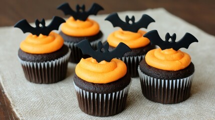 Spooky Halloween Cupcakes with Orange Frosting and Bat Decorations