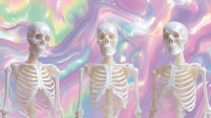 Three Stylized Skeletons on a Colorful Holographic Background