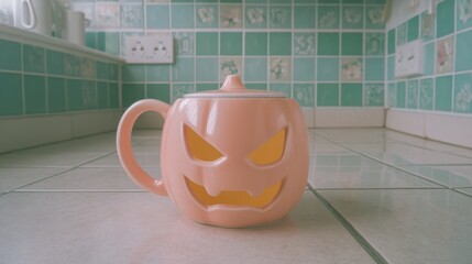 Halloween Pumpkin Teapot with Mischievous Face in Cozy Kitchen