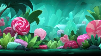Colorful Fantasy Landscape with Candy and Lush Greenery Features