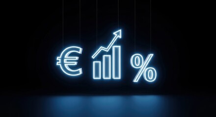 inance and percentage holographic icons — currency, growth bar, and percentage sign — glowing luminous blue-white neon, solid black background, futuristic economic dashboard interface, 3D holographic 