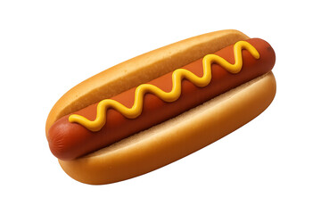 Hot dog in soft bun topped with zigzag mustard, isolated on white