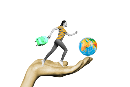 Composite trend artwork 3D sketch image collage of copyspace huge hand hold miniature woman student walk travel world earth planet