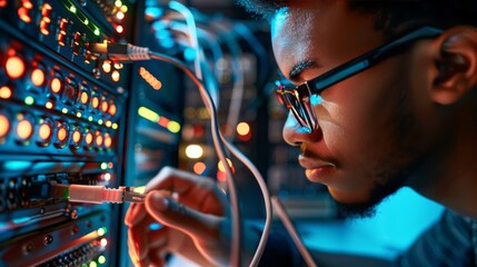 A focused it professional is meticulously connecting a network cable to a server rack, surrounded by blinking lights and intricate wiring, showcasing the complexity of data center management and techn