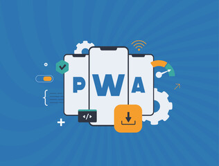 Progressive web apps trends vector illustration. Installable pwa mobile sites with offline access, bridging web and app experiences for cost-effective digital presence. Vector illustration