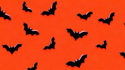 Black Bats Flying Across Bright Orange Background for Halloween Decor