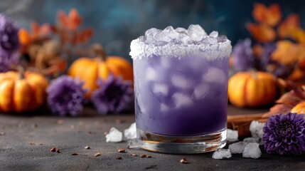 Purple Cocktail with Ice and Autumn Decorations in a Rustic Setting