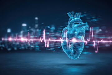heart rhythm visualization futuristic pulse waves, monitoring program data, medical report