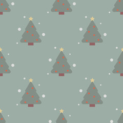 Obraz premium A seamless, repeating Christmas pattern, grayish-green Christmas trees are decorated with red and yellow accents. The pattern is set against a solid muted sage green/teal background