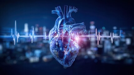 heart rhythm visualization neon pulse hologram, monitoring program data, professional report