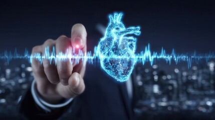 heart rhythm visualization neon pulse hologram, monitoring program data, professional report