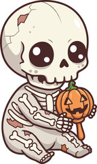 Adorable Baby Skeleton in Halloween Costume Holding Pumpkin Toy - Cute Spooky Illustration for Halloween Designs and DecorAdorable Baby Skeleton in Halloween Costum