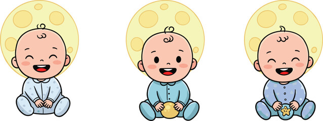 Adorable baby sitting with full moon cartoon illustration for nursery design, baby shower decoration, and bedtime theme