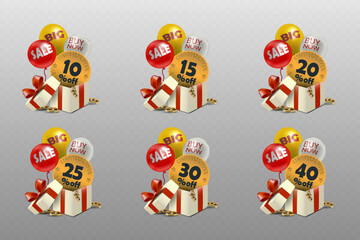 Gift box sale design with colorful balloons and limited offer label