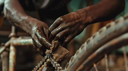 A closeup captures the hands of a mechanic diligently cleaning a bicycle chain, their hands covered in grease, highlighting the meticulous work involved in maintaining the bicycles functionality and l