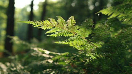 Fototapeta premium Lively green ferns in sunlit forest setting capturing natures beauty