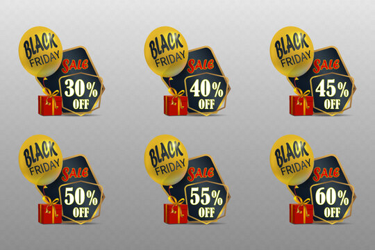Black Friday sale discount tags with balloons and gift boxes, percentage off banners set