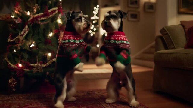 Two miniature schnauzers in patterned christmas sweaters dance a precise jig on their hind legs in a cozy living room decorated with a christmas tree, looking at each other with focused intelligence.