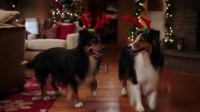 Two shelties with reindeer antlers dance a refined jig in a cozy christmas living room decorated with a tree and garlands, looking at each other with intelligent joy and bright excitement.