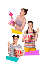Creative trend collage of funny young girls watch movie eat popcorn have fun freak bizarre...