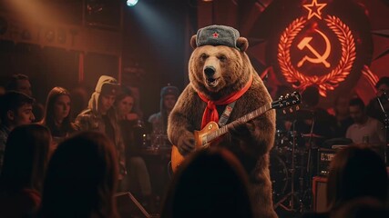 Surreal 3D illustration of a bear playing guitar on stage with soviet emblem