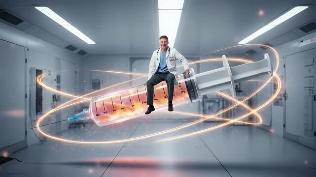 Surreal 3D Illustration Male Doctor Riding Giant Syringe In Laboratory