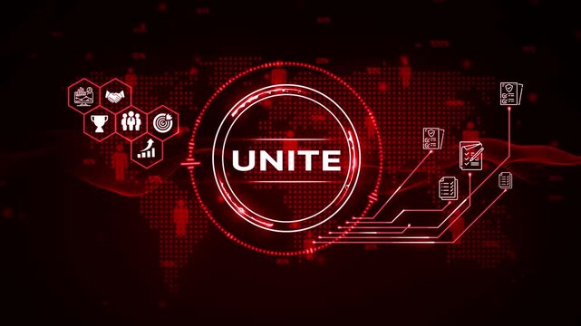 Abstract Digital World Map with Unite Logo and Business Icons in Red Tones background communication