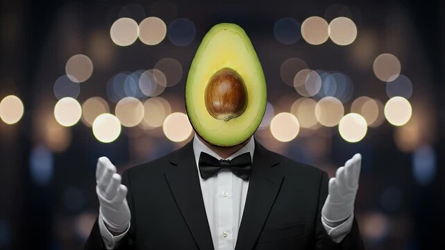 Surreal Avocado Headed Figure in Tuxedo on Bokeh Background