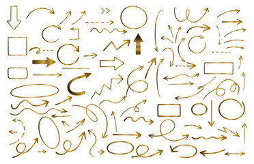A premium vector set featuring a diverse array of gold-colored arrows and geometric shapes including straight, curved, looped, zigzag, and dashed arrows in multiple directions