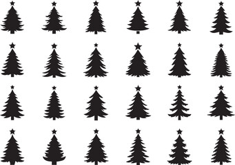 Naklejka premium Create Christmas tree icons, silhouettes in black color. Vintage vector icons isolated on white background. Silhouettes of christmas trees with a stars at the top. Big set for decoration.
