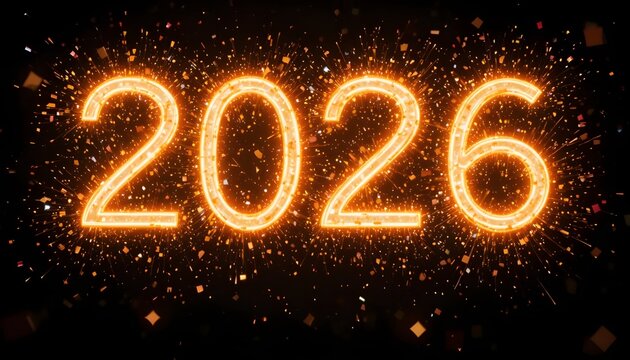 &ldquo;Bold neon typography &lsquo;2026&rsquo; glow karti hui black background par, electric sparks aur digital confetti ke sath &mdash; modern futuristic retro look.&rdquo;
