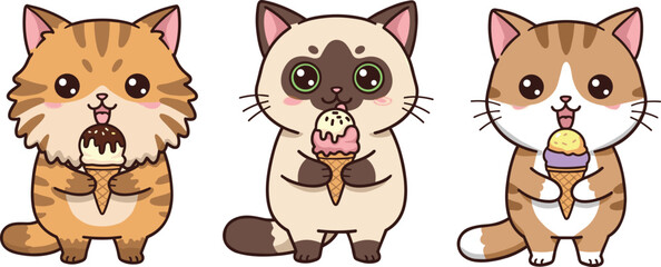 Three different style adorable cartoon cats enjoying colorful ice cream cones on white background vector cartoon illustrationThree different style adorable cartoon cats enjoying colorful 