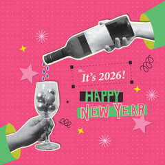 New Year festivities with wine pouring for 2026 celebration. Vector illustration