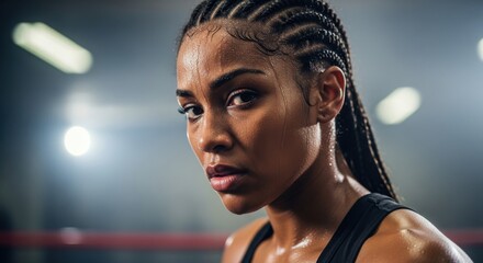 Intense workout session of a determined female boxer in a gym at dusk