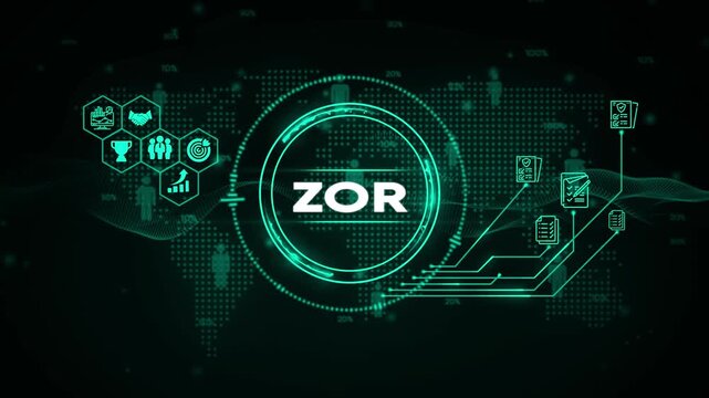 Futuristic digital interface with ZOR text and global network icons 