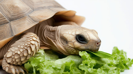Tortoise eating lettuce leaf on isolated white background, showcasing its unique texture and features. This captures essence of calm and serene moment in nature