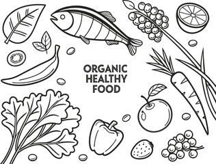 Healthy food frame vector illustration. Vegetables, fruits, meat hand drawn. Organic food set