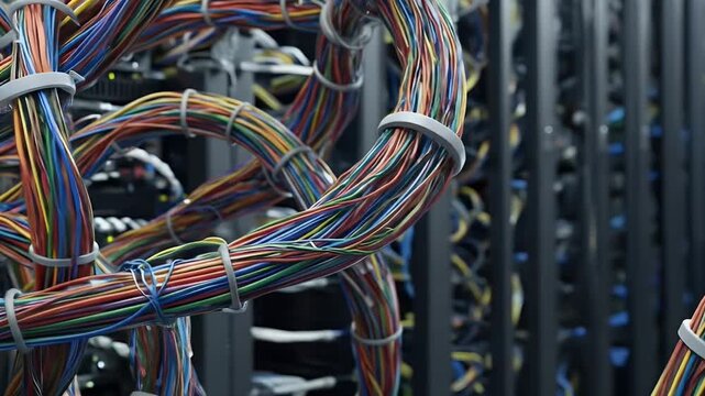 Tangled colorful network cables in server room abstract background illustration