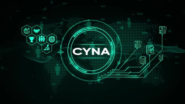 Digital global network with CYNA text and business icons on a dark green background CYNA technology