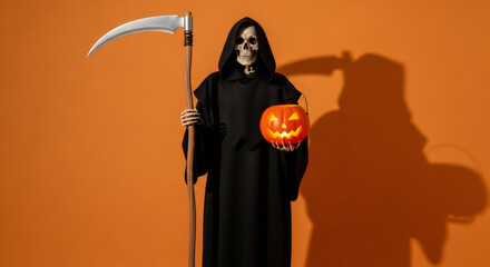Grim reaper figure in black cloak holding a carved pumpkin, with a scythe in hand, set against a vibrant orange background, embodying the Halloween spirit and festive atmosphere