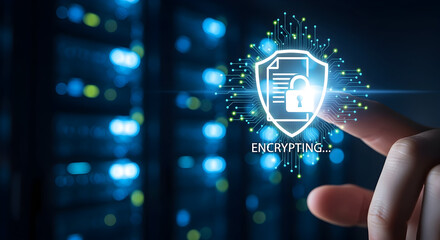 Data Encryption Concept: Hand touching a digital padlock and shield on server room background.