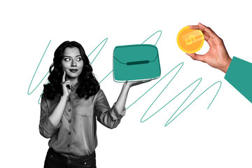 Photo collage picture young woman wallet purse money golden coin deposit savings finance dollar put...