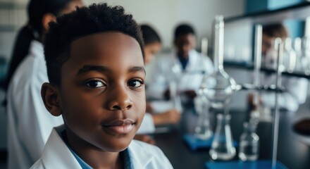 Young scientist engaged in hands-on learning in a laboratory with peers during a science class