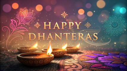 Happy Dhanteras, Dreamy bokeh background with glowing diyas creating magical festive mood.