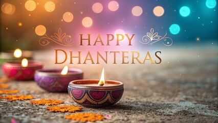 Happy Dhanteras, Beautiful glowing diyas with bokeh lights creating festive atmosphere.