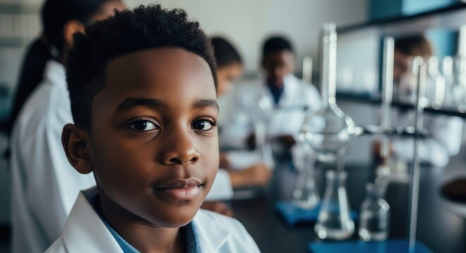 Young scientist engaged in hands-on learning in a laboratory with peers during a science class