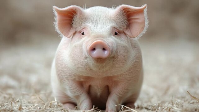 A small pig sits atop a pile of dry hay, perfect for farm-themed illustrations or rustic designs